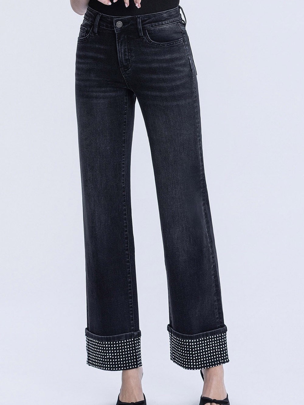 Flying Monkey Black Studded Cuff Denim Mid Rise slim Wide Jeans